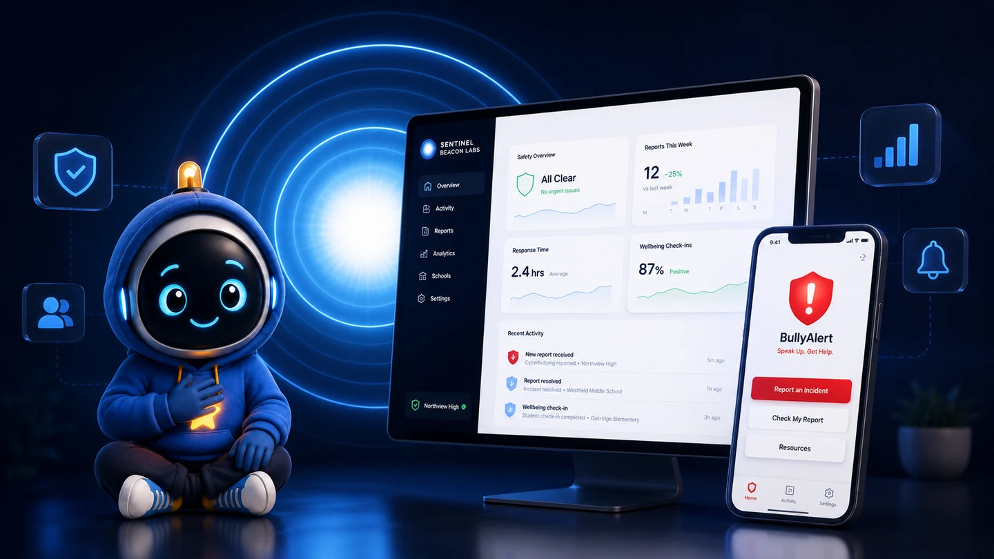 BullyAlert product experience across a desktop screen and mobile device